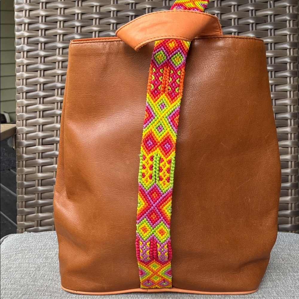 Cristina Orozco fine leather brown bag with colorful hand woven strap